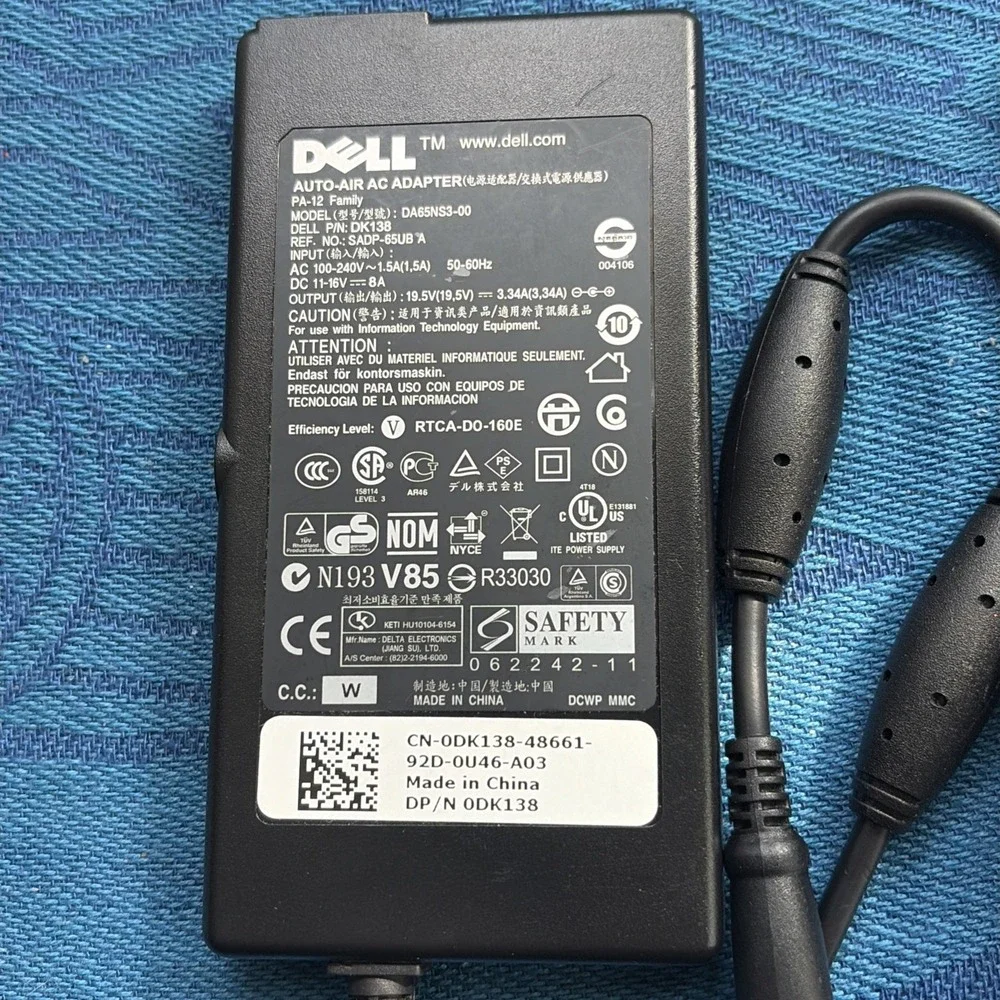 Dell Auto Air AC Adapter 19.5V 3.34A 65W Laptop Charger DA65NS3-00